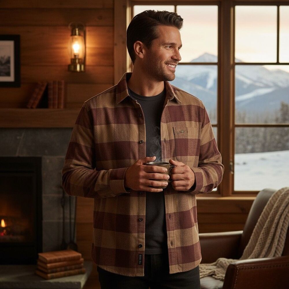 REDMOND Standard Fit Brown/Tan Plaid Fleece Flannel Men's Shirt Size M